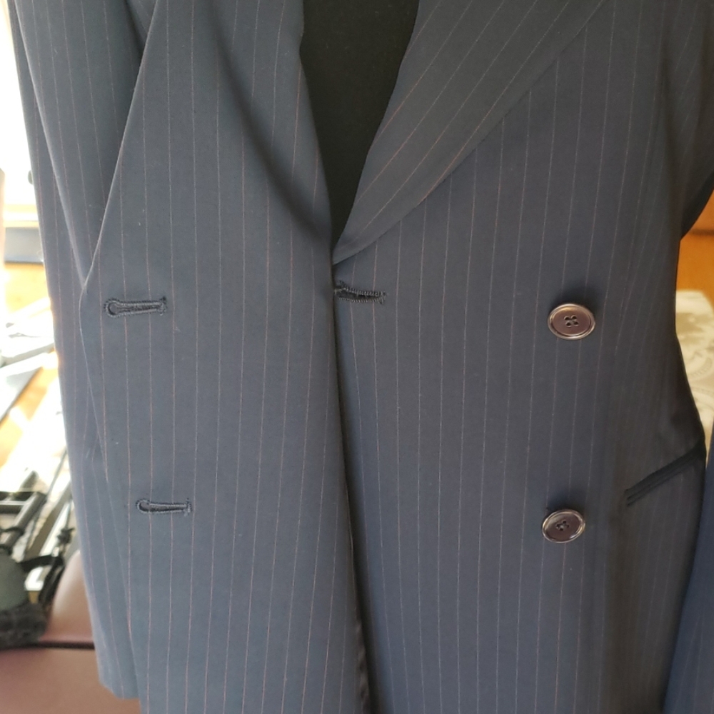 Rare! VINTAGE 90's Ralph Lauren Dbl Brst Red Pinstriped Skirt Suit, Navy, 10 - Picture 8 of 11